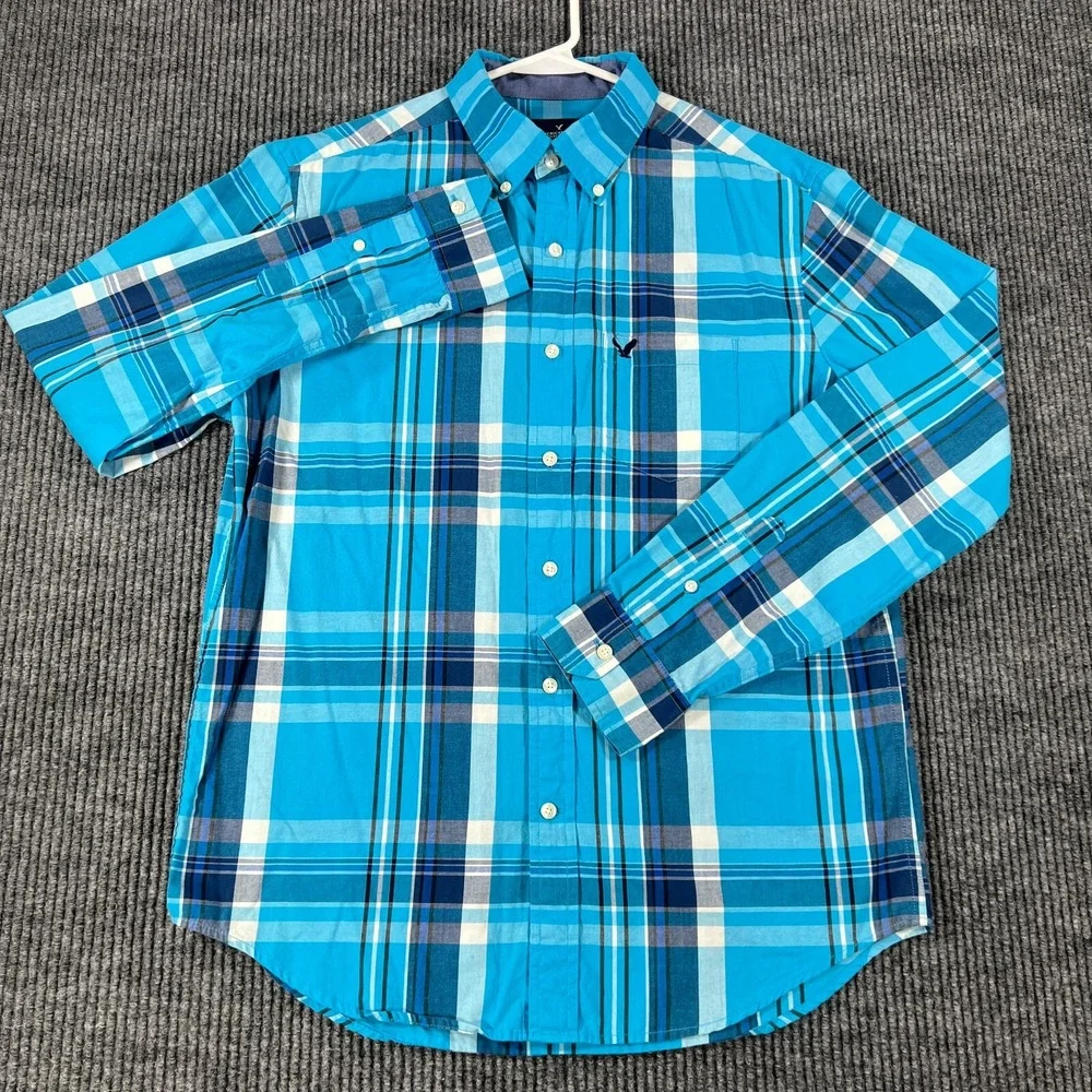 American Eagle Mens Shirt Medium Blue Plaid Long Sleeve Button Down Classic Fit